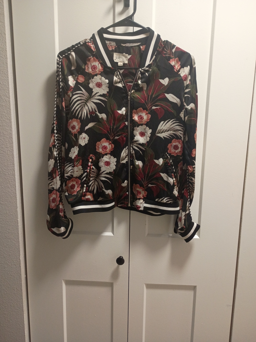 Joie Black Floral Bomber Jacket with Striped Ribbing